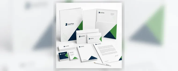 Papelería corporativa impresa por Level Print: carpetas, sobres, tarjetas y hojas membretadas